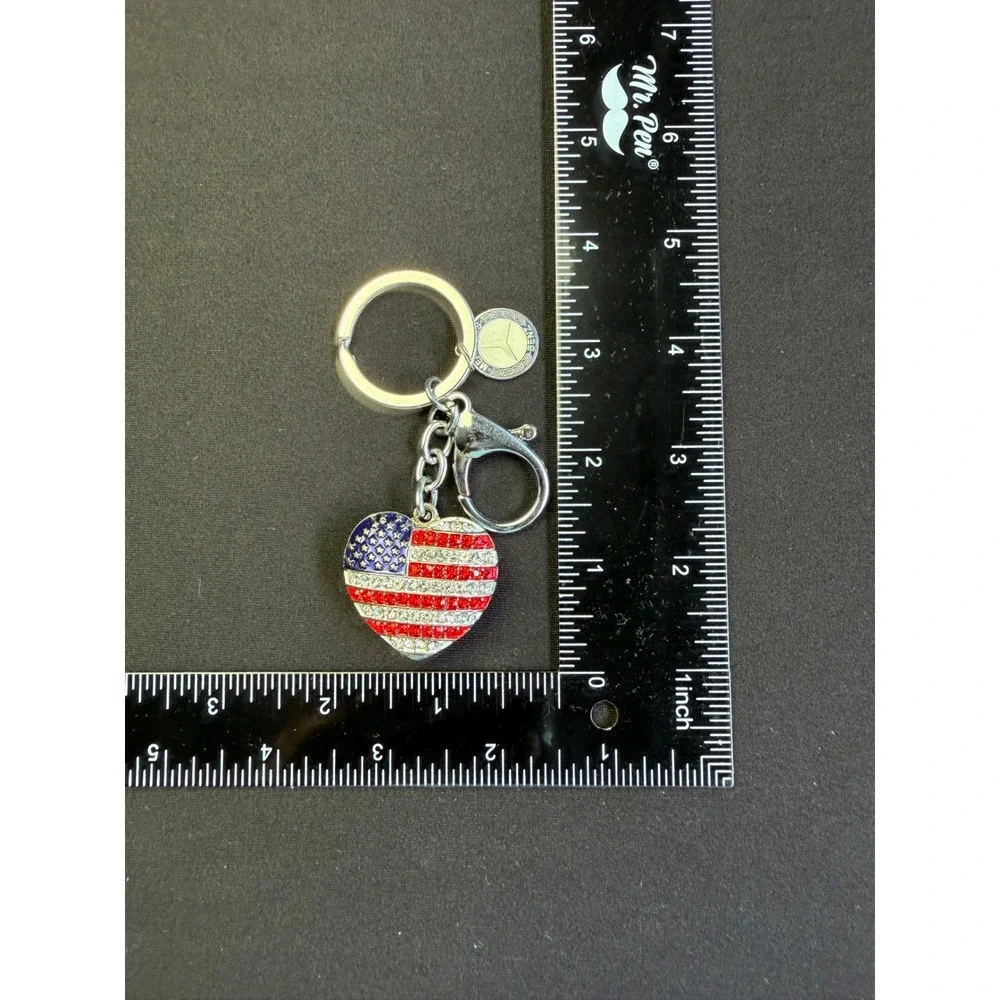 Mercedes-Benz Keychain US Flag Rhinestone Heart Charm Silver Patriotic Accessory